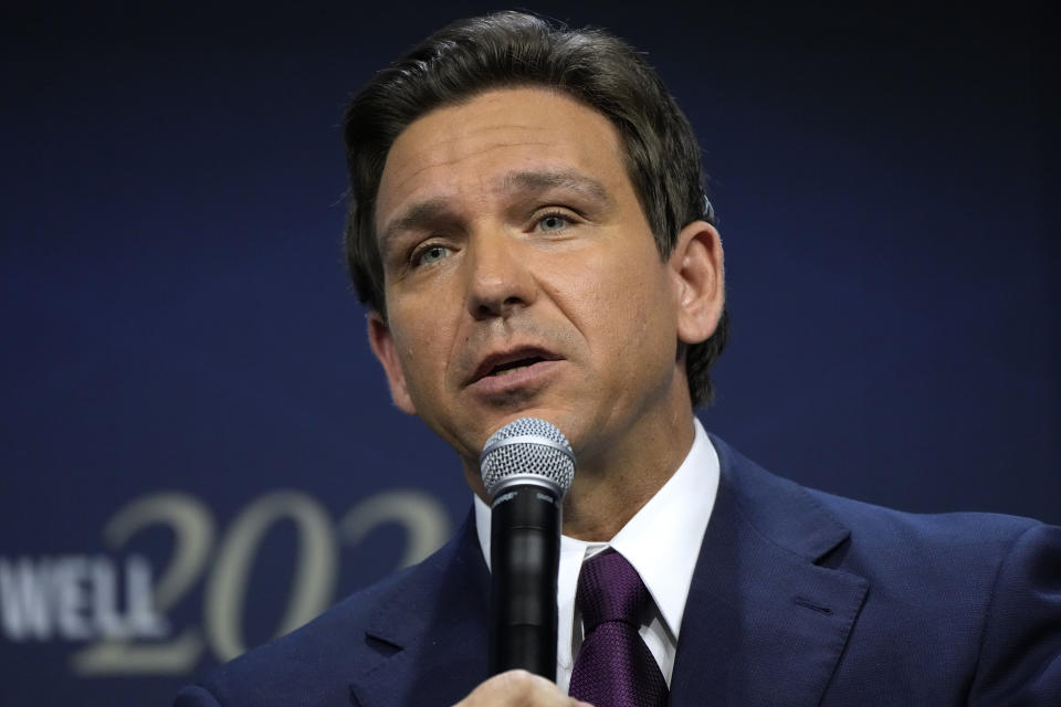 FILE - Republican presidential candidate Florida Gov. Ron DeSantis speaks during the Family Leadership Summit, July 14, 2023, in Des Moines, Iowa. DeSantis has veterans from Texas Sen. Ted Cruz’s 2016 campaign working on his behalf. The DeSantis campaign is working to identify local party activists who could serve as delegates but also is specifically courting state lawmakers, who are typically active in their local GOP groups. (AP Photo/Charlie Neibergall, File)