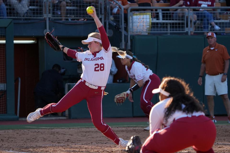 Oklahoma's Kelly Maxwell pitches during the game against Texas Friday, April 5, 2024, at McCombs Field in Austin.