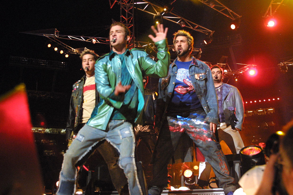 Nsync members Lance Bass, Justin Timberlake,?Joey Fatone, Chris Kirkpatrick and?JC Chasez perform during the Super Bowl XXXV halftime show.