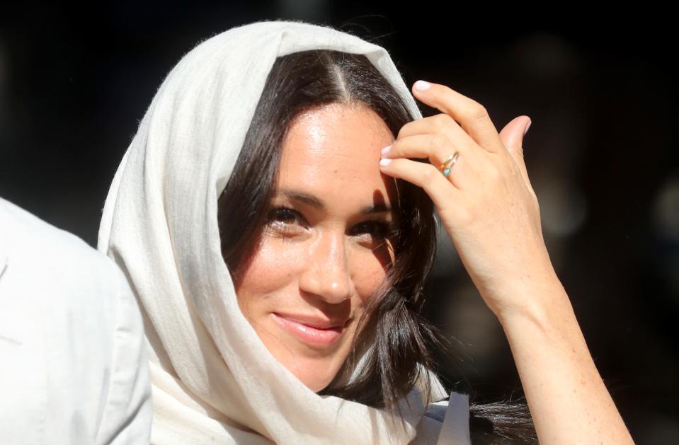 Duchess Meghan of Sussex donned the customary headscarf to visit the Auwal Mosque with Prince Harry during day two of their royal tour of South Africa on Sept. 24, 2019 in Cape Town, South Africa.