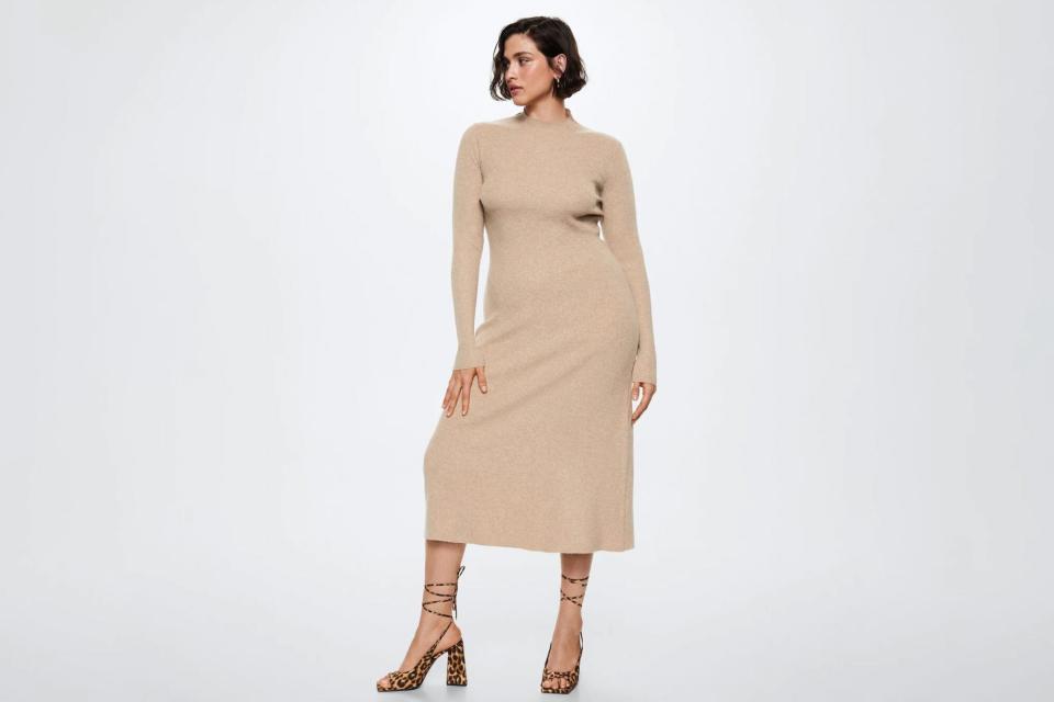 Mango Knitted Perkins Neck Dress in Sand