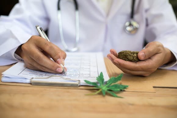 A doctor sitting at a desk holding marijuana buds and writing a prescription.