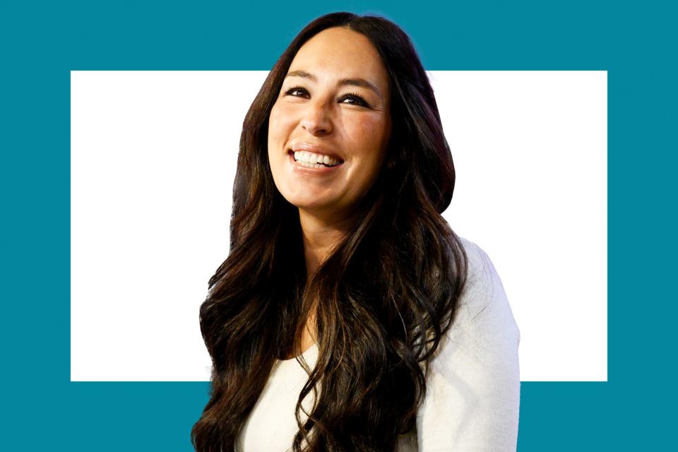 A portrait of Joanna Gaines on a designed background