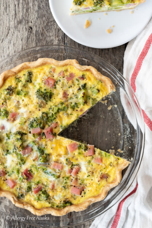 <p>Allergy Free Alaska</p><p>This delicious and satisfying dish is filled with silky eggs and a savory ham and broccoli filling for an easy brunch or dinner.</p><p><strong>Get the recipe: <a href="https://www.allergyfreealaska.com/gluten-free-quiche/" rel="nofollow noopener" target="_blank" data-ylk="slk:Gluten-Free Ham Broccoli Quiche;elm:context_link;itc:0;sec:content-canvas" class="link ">Gluten-Free Ham Broccoli Quiche</a></strong></p>