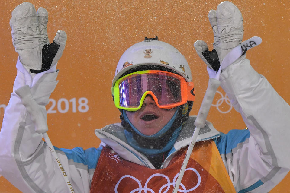 Kazakhstan's Yulia Galysheva reacts after the women's moguls final event during the Pyeongchang 2018 Winter Olympic Games on Feb. 11, 2018. | Loic Venance—AFP/Getty Images: