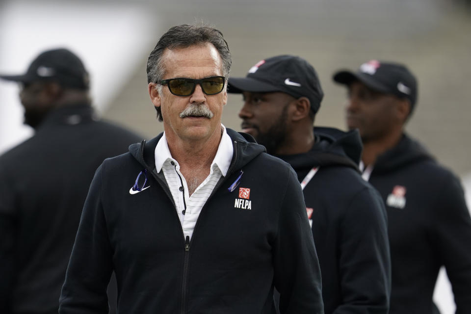FILE - American Team head coach Jeff Fisher walks the sideline during the first half of the NFLPA Collegiate Bowl college football game against the National Team Saturday, Jan. 29, 2022, in Pasadena, Calif. Former NFL coach Jeff Fisher is head coach of the Michigan Panthers in the USFL. The USFL season kicks off Saturday, April 16, 2022. (AP Photo/Marcio Jose Sanchez)