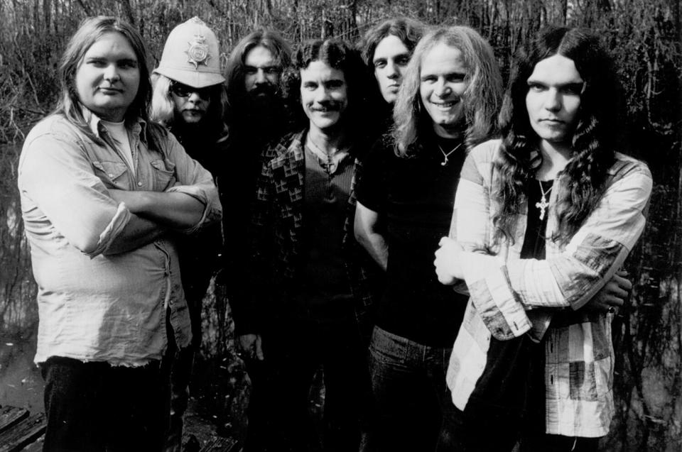 Lynyrd Skynyrd (L-R Ed King, Leon Wilkeson, Artimus Pyle, Billy Powell, Allen Collins, Ronnie Van Zandt and Gary Rossington pose for a portrait in January 1975.