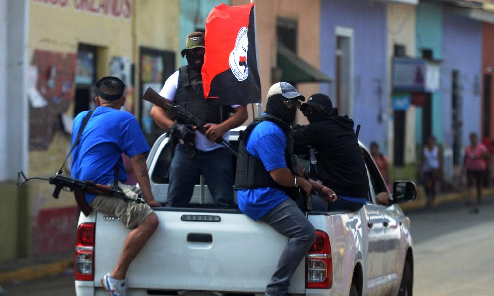 Paramilitaries on a truck at Monimbo neighborhood in Masaya, Nicaragua, on 18 July following clashes with anti-government demonstrators. 