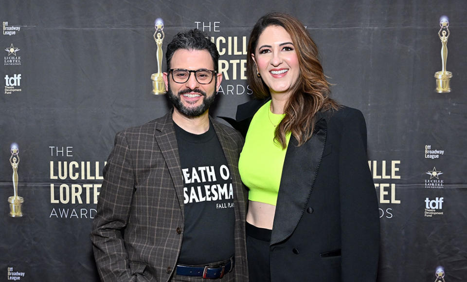 Arian Moayed and D'Arcy Carden attend the 38th Annual Lucille Lortel Awards at NYU Skirball Center on May 07, 2023 in New York City.
