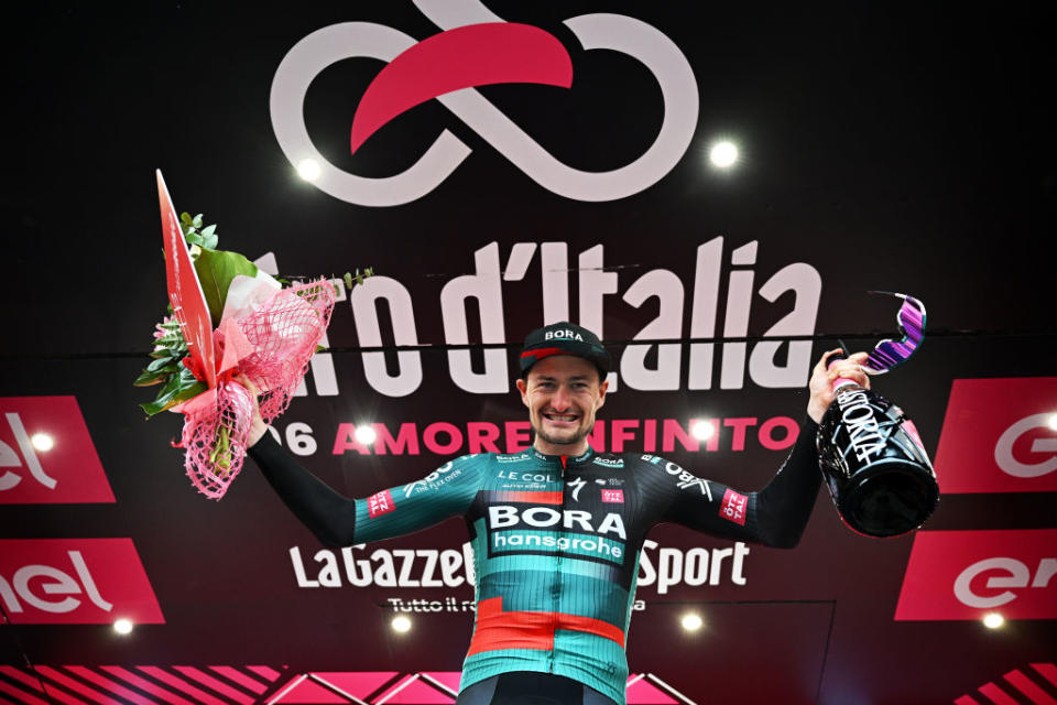 RIVOLI ITALY  MAY 18 Nico Denz of Germany and Team BORA  hansgrohe celebrates at podium as stagewinner during the 106th Giro dItalia 2023 Stage 12 a 185km stage from Bra to Rivoli  UCIWT  on May 18 2023 in Rivoli Italy Photo by Stuart FranklinGetty Images