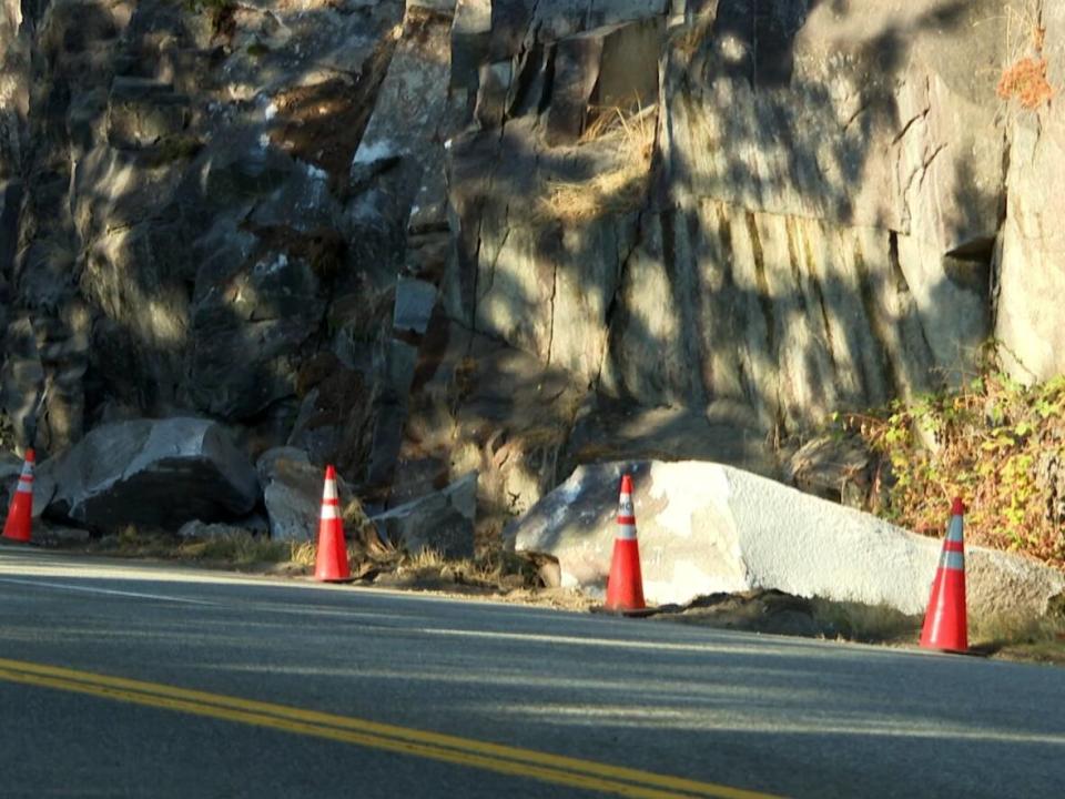 A West Vancouver Police officer sustained serious injuries after a rockslide hit his vehicle during a patrol on Cypress Bowl Road on Friday Nov. 11, 2022.  A civilian car was also struck but its occupants were uninjured.  (Sohrab Sandhu/CBC News - image credit)