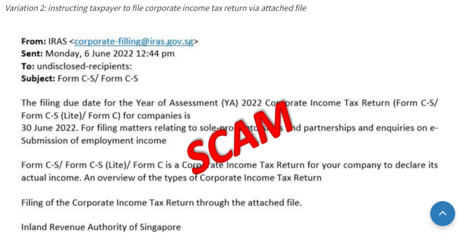 A screenshot of a scam email. (PHOTO: Inland Revenue Authority of Singapore)