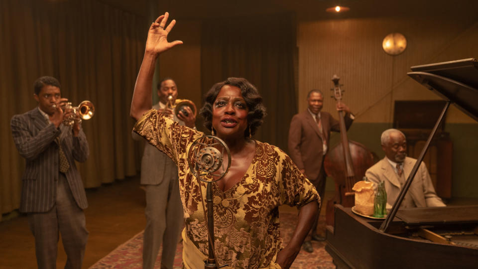 Chadwick Boseman as Levee, Colman Domingo as Cutler, Viola Davis as Ma Rainey, Michael Potts as Slow Drag and Glynn Turman as Toledo in MA RAINEY’S BLACK BOTTOM<p>David Lee/NETFLIX</p>