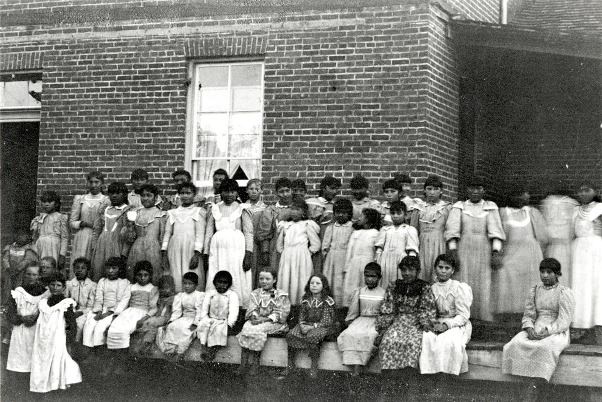  A historic photograph of students at the Fort Lewis boarding school. 