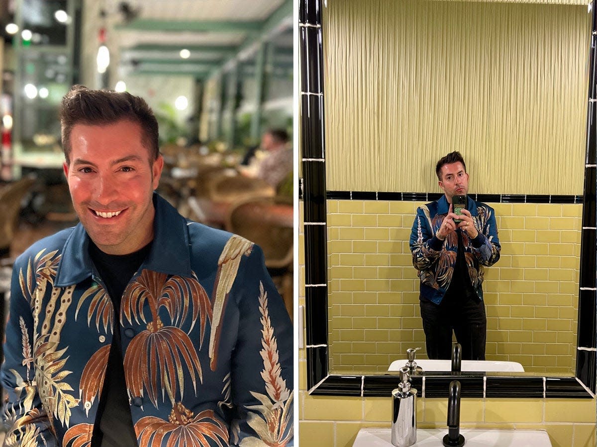 A side by side image of a man in a designer jacket and the man taking a bathroom selfie.