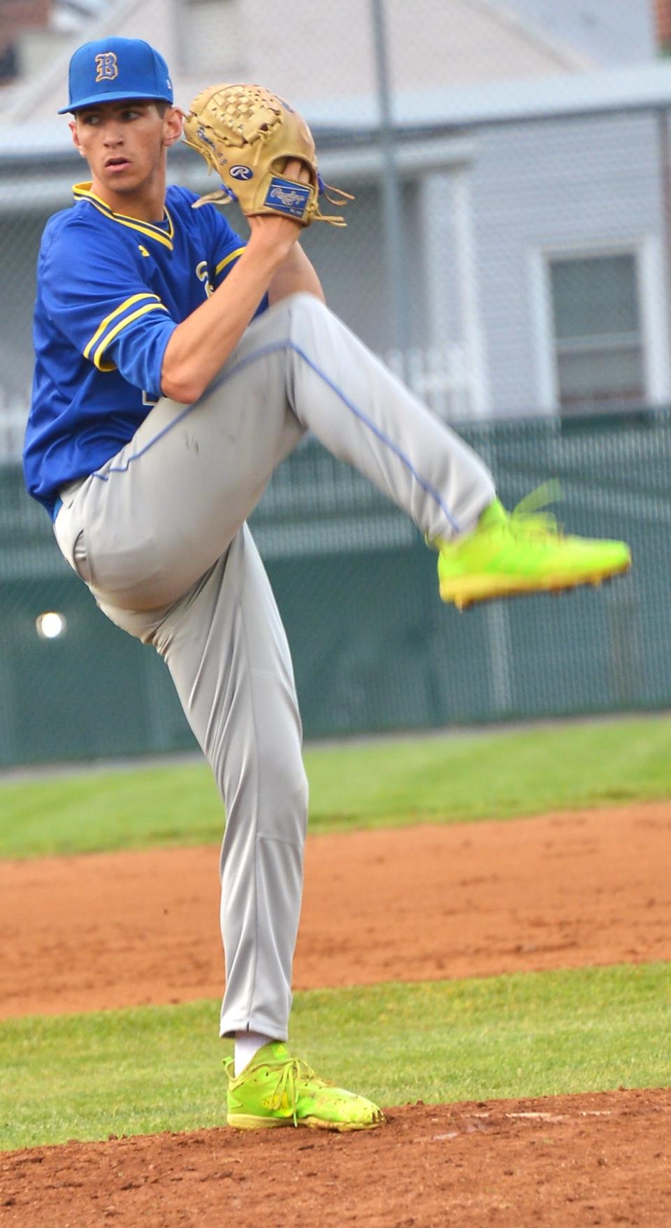Clear Spring pitcher Hutson Trobaugh goes into his windup in the third inning of his 1-0 victory over Allegany in the Class 1A semifinals at McCurdy Field in Frederick, Md. Trobaugh fired a two-hitter with 16 strikeouts.