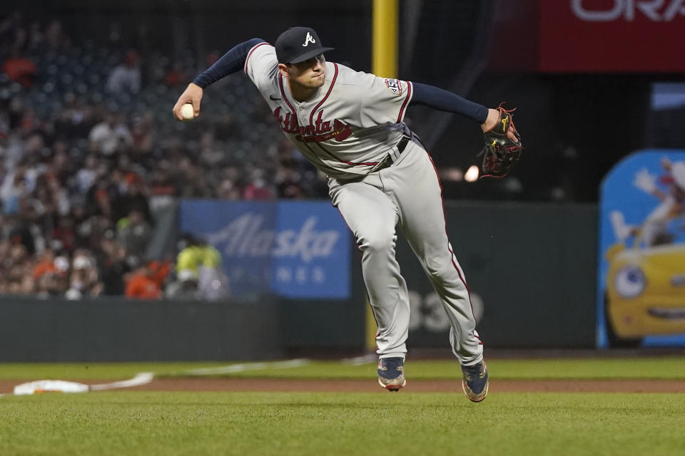 Atlanta Braves third baseman Austin Riley throws out San Francisco Giants' Mike Yastrzemski at first base during the fourth inning of a baseball game in San Francisco, Saturday, Sept. 18, 2021. (AP Photo/Jeff Chiu)