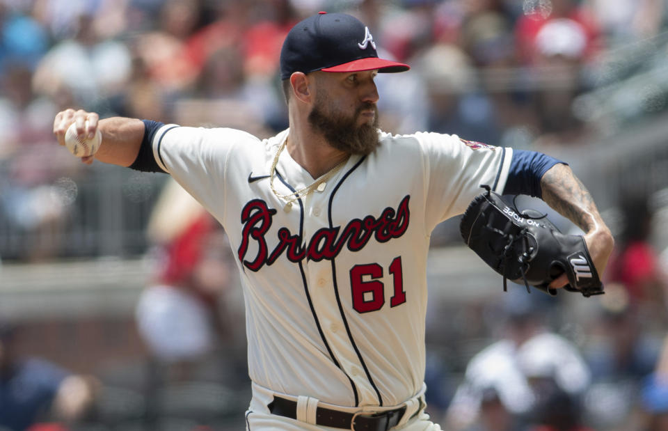 Atlanta Braves relief pitcher Shane Greene (61) throws against the San Diego Padres during the fourth inning in the first game of a baseball doubleheader Wednesday, July 21, 2021, in Atlanta. (AP Photo/Hakim Wright Sr.)