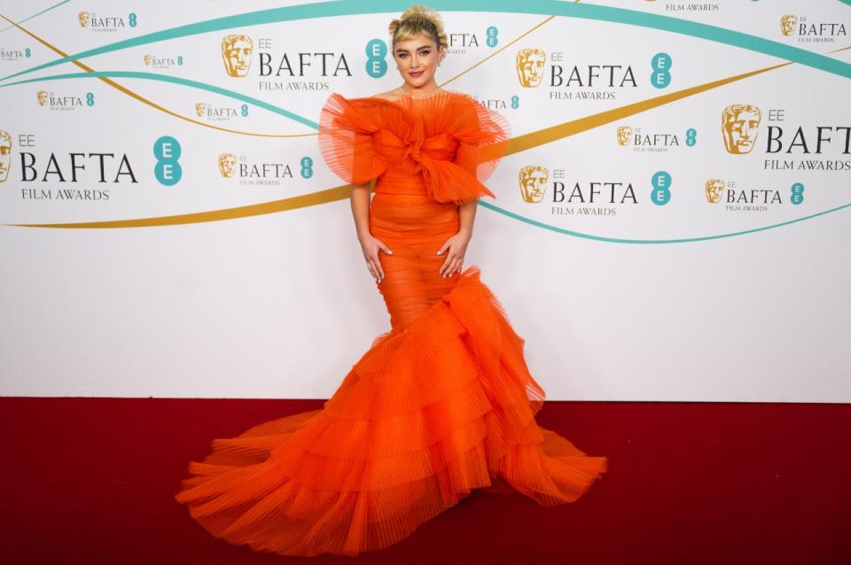 Florence Pugh attends the EE BAFTA Film Awards 2023 at The Royal Festival Hall on February 19, 2023 in London, England.