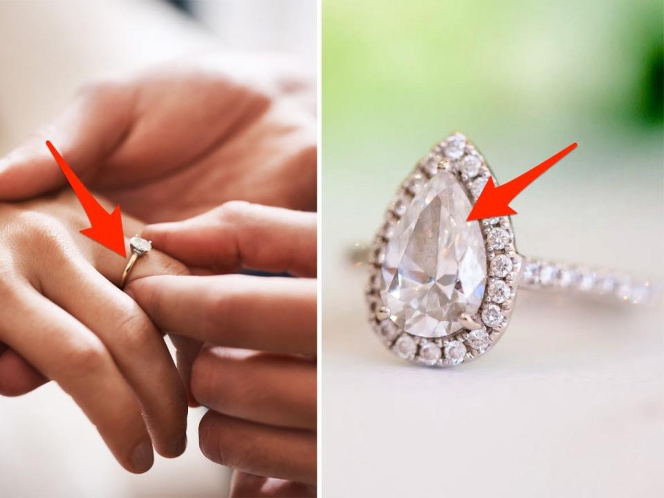 A side-by-side of engagement rings with arrows pointing at them.