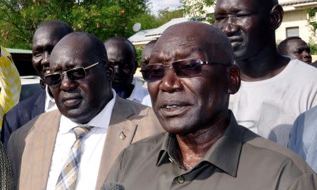 FILE PHOTO - South Sudan's ousted army chief Paul Malong addresses the media after returning to the South Sudan's capital of Juba, May 13, 2017. REUTERS/Stringer