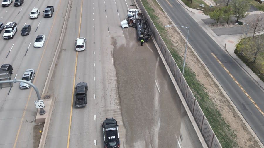 Gravel covered Interstate 70 Friday afternoon after a semi-truck crashed near Kipling Street. (Photo: Wheat Ridge Police Department)
