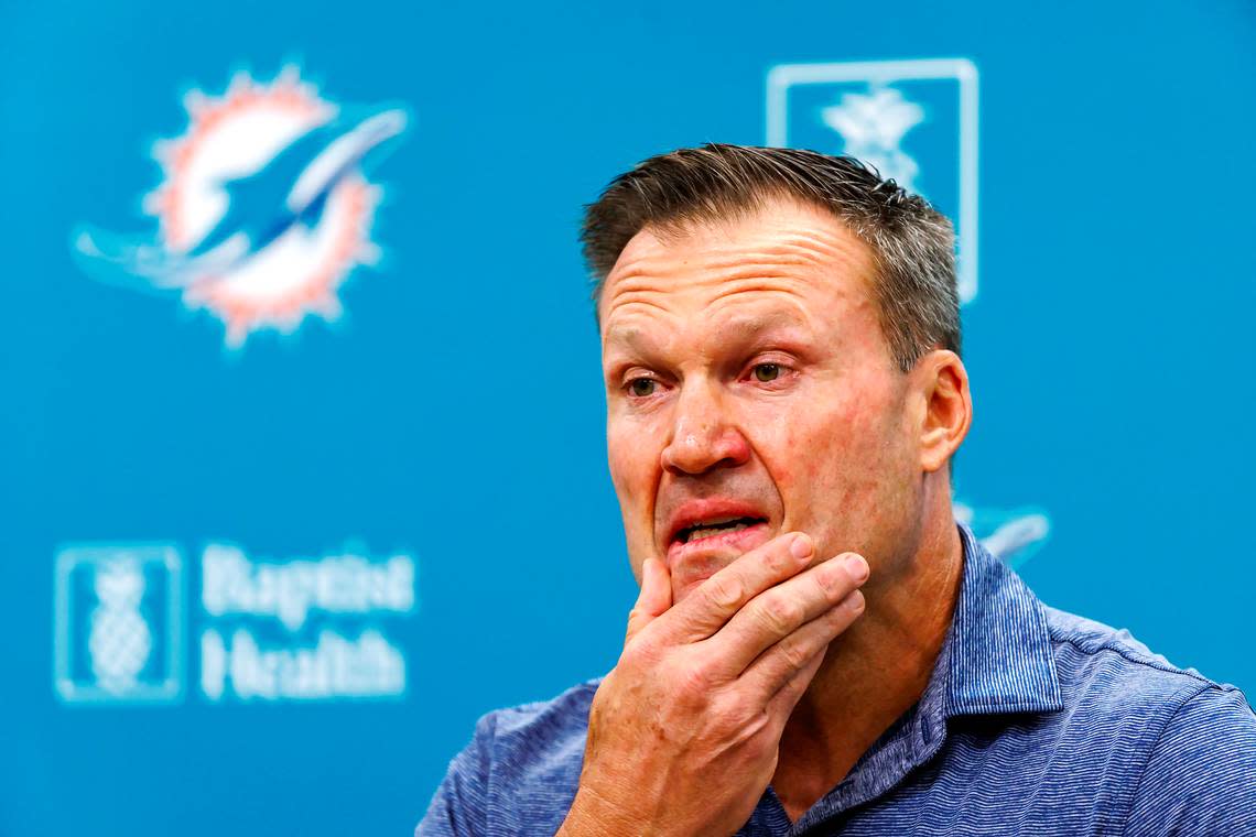 Former Miami Dolphins linebacker and Class of 2023 Pro Football Hall of Fame Zach Thomas speaks with the media before NFL football training camp at Baptist Health Training Complex in Hard Rock Stadium on Sunday, July 30, 2023 in Miami Gardens, Florida. David Santiago/dsantiago@miamiherald.com