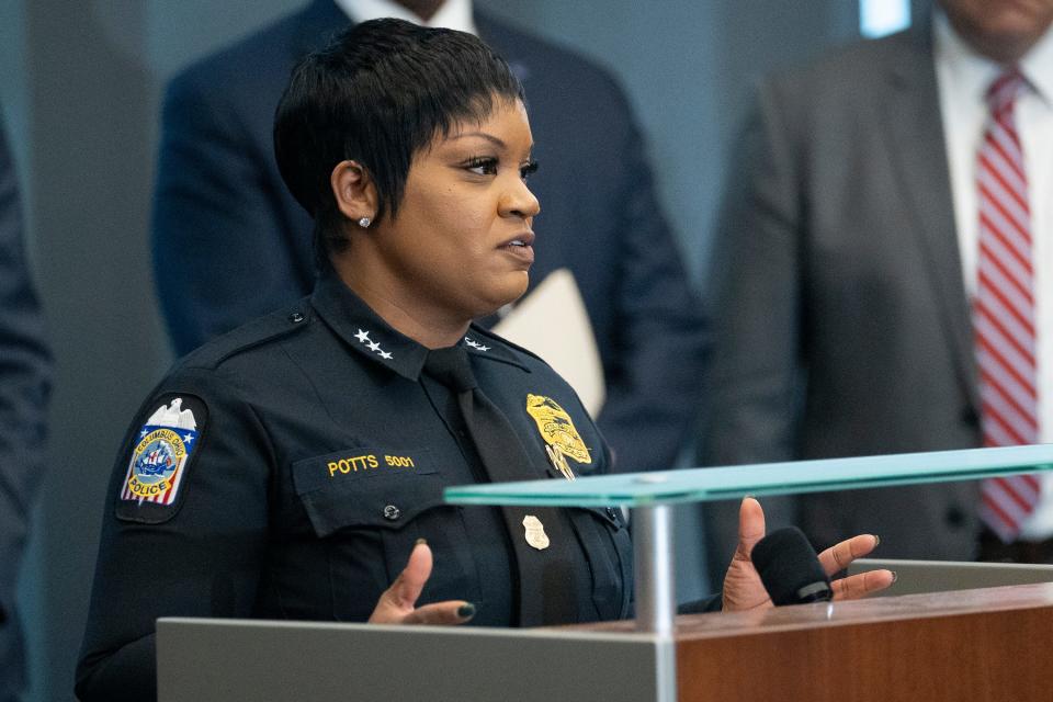 Columbus police Assistant Chief LaShanna Potts speaks during a press conference Thursday at the Michael B. Coleman Government Center.