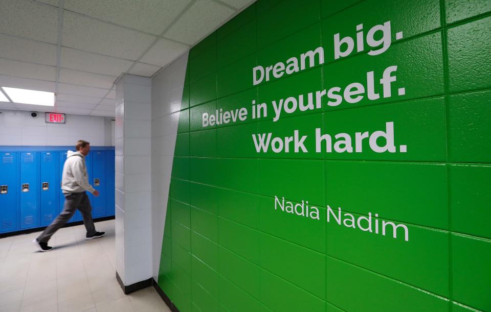 A quote from Racing Louisville FC player Nadia Nadim has been placed on a wall at the Newcomer Academy in Louisville, Ky. on Jan. 10, 2023. 