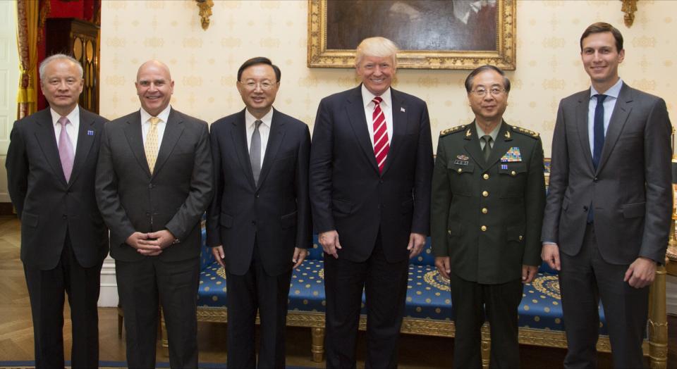 From left, Cui Tiankai, Chinese ambassador to the U.S.; H.R. McMaster, then U.S. national security adviser; Chinese State Councilor Yang Jiechi; President Trump; Fang Fenghui, chief of China's Central Military Commission’s joint staff department; and White House senior adviser Jared Kushner