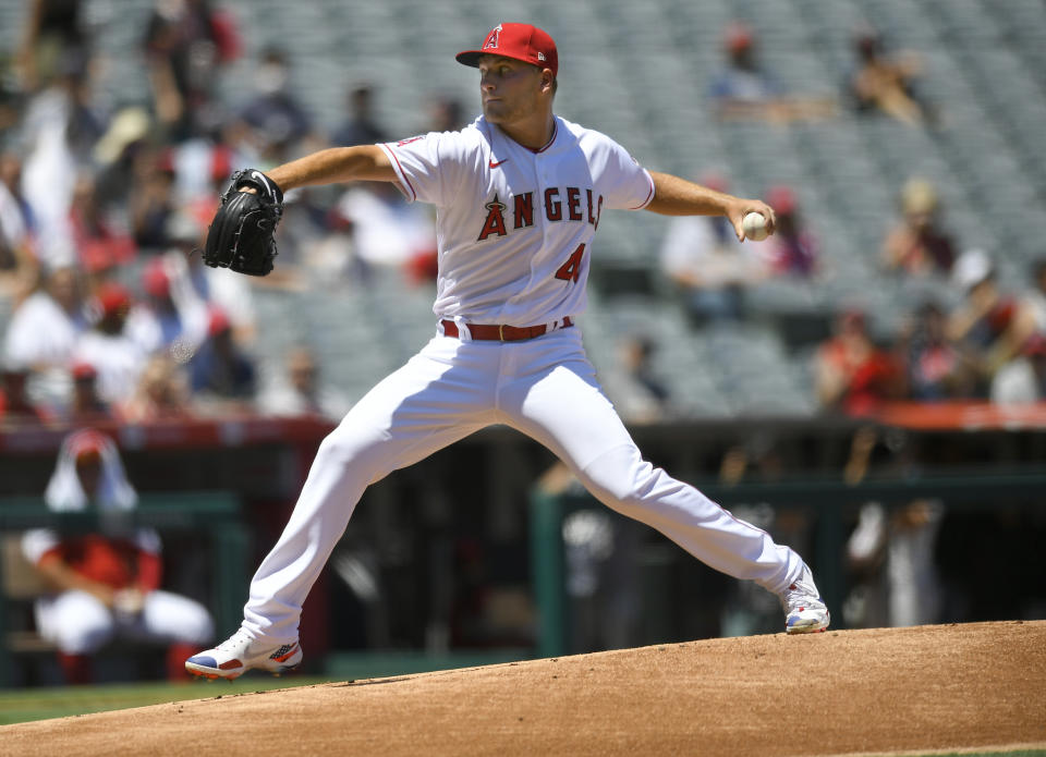Los Angeles Angels starter Reid Detmers throws in the first inning against the Oakland Athletics during a baseball game Sunday, Aug. 1, 2021, in Anaheim, Calif. (AP Photo/John McCoy)