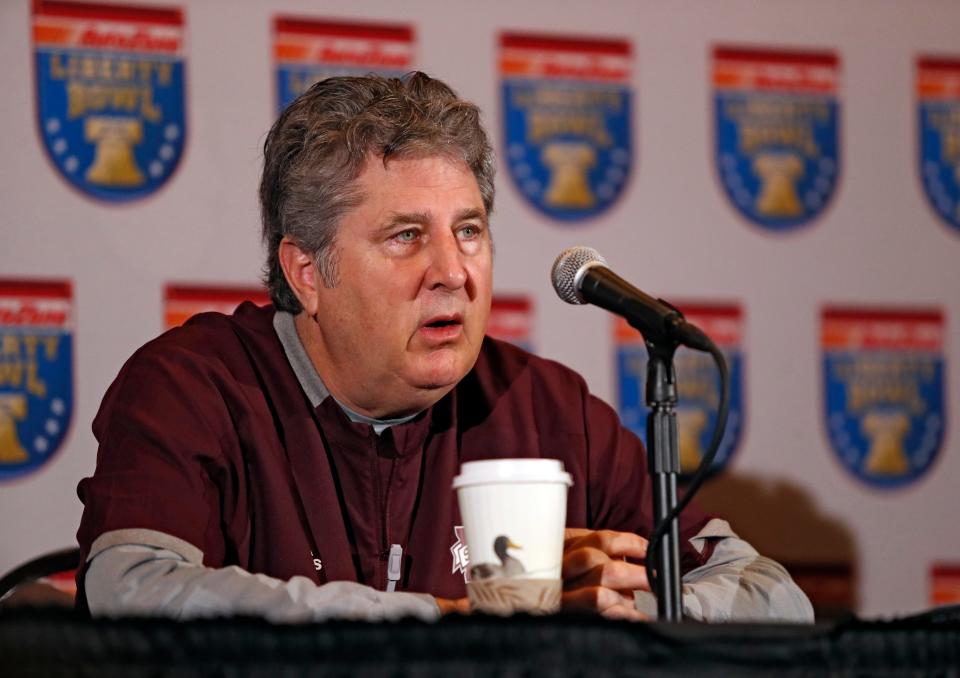 Mississippi State coach Mike Leach talks to the media during a press conference before the AutoZone Liberty Bowl on Monday, Dec. 27, 2021, in Memphis, Tenn.