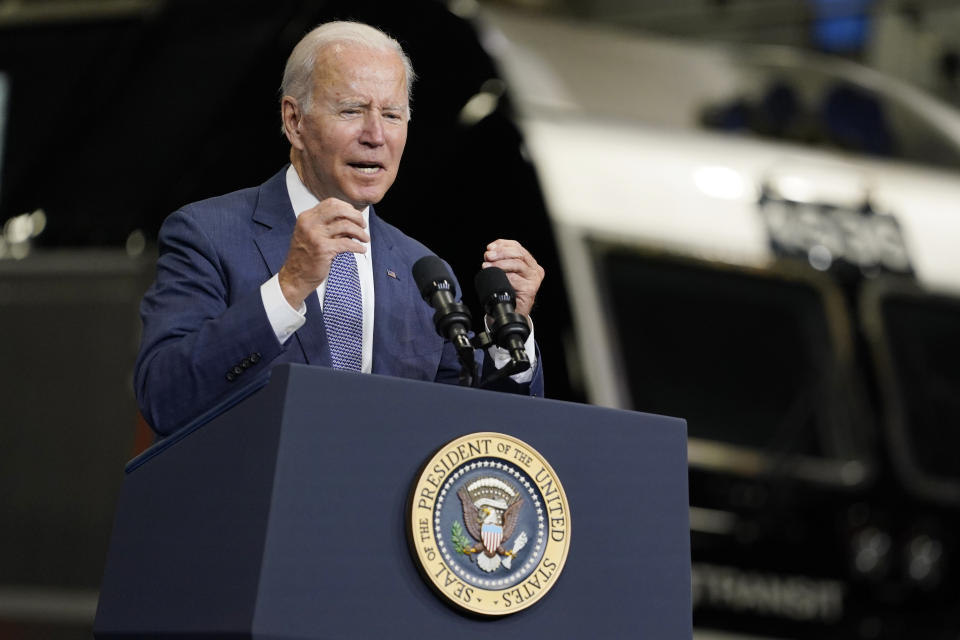 President Joe Biden delivers remarks at NJ Transit Meadowlands Maintenance Complex to promote his "Build Back Better" agenda, Monday, Oct. 25, 2021, in Kearny, N.J. (AP Photo/Evan Vucci)