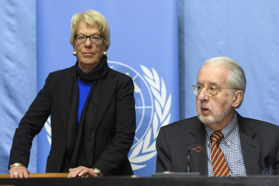 Paulo Pinheiro, right, Chairperson, Independent Commission of Inquiry on the Syrian Arab Republic and Carla del Ponte, left, Member of the Independent Commission of Inquiry on the Syrian Arab Republic, speak to the media during a press conference, at the European headquarters of the United Nations in Geneva, Switzerland, Wednesday, March 1, 2017. (Martial Trezzini/Keystone via AP)