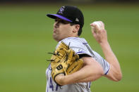 Colorado Rockies starting pitcher Cal Quantrill delivers during the first inning of a baseball game against the Pittsburgh Pirates in Pittsburgh, Friday, May 3, 2024. (AP Photo/Gene J. Puskar)