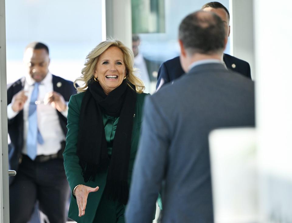 First lady Jill Biden arrives at Hunter High and is greeted by Principal Ryan Oaks as she, U.S. Surgeon General Vivek Murthy and first lady of Utah Abby Cox visit the school and its teachers in West Valley City on Tuesday, Jan. 16, 2024. | Scott G Winterton, Deseret News