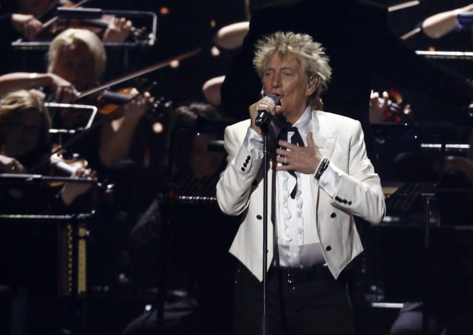 FILE - In this Feb. 18, 2020 file photo, Rod Stewart performs on stage at the Brit Awards 2020 in London. Stewart turns 78 on Feb. 10. (Photo by Joel C Ryan/Invision/AP, File)