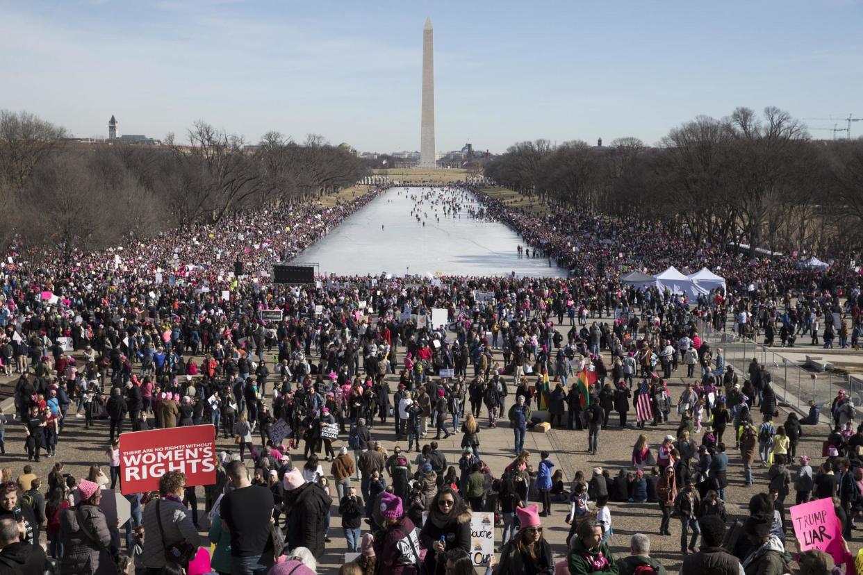 Thousands participate in the Women's March beside the Lincoln Memorial Reflecting Pool in Washington: EPA