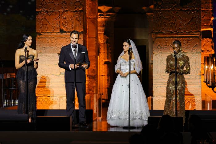 Dua Lipa, Roger Federer, Penélope Cruz, and Michaela Coel onstage