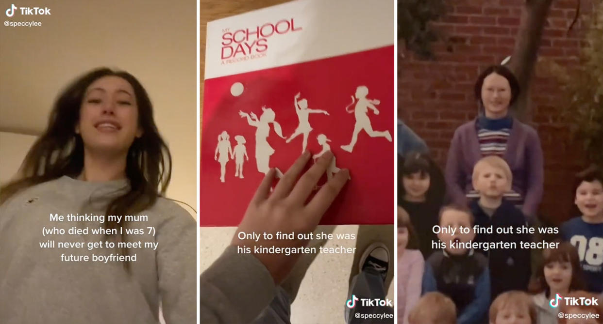 A girl thought her mum who died when she was seven never met her boyfriend. It turns out she was his teacher. Source: TikTok/speccylee
