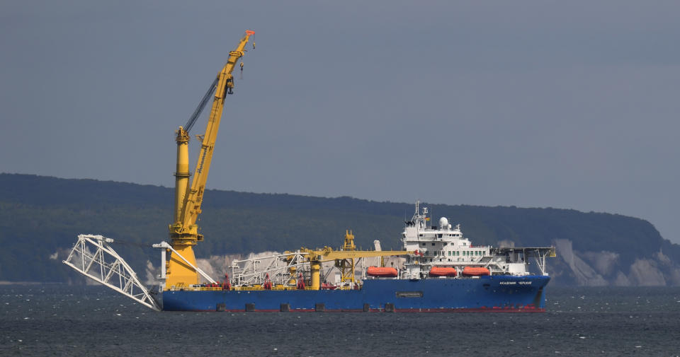 12 May 2020, Mecklenburg-Western Pomerania, Sassnitz: The Russian laying ship "Akademik Tscherski" lies in front of the chalk cliffs of the island of Rügen. Barely five months after the construction stop on the Nord Stream 2 Baltic Sea pipeline, the Russian pipe-laying ship has reached the Baltic Sea off the island of Rügen. Photo: Stefan Sauer/dpa-Zentralbild/dpa (Photo by Stefan Sauer/picture alliance via Getty Images)