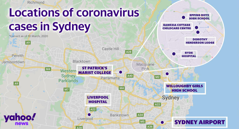 The locations where coronavirus cases have been confirmed in Sydney. Source: Yahoo News Australia