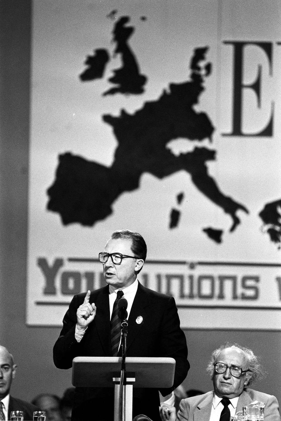 1988: Jacques Delors, President of the European Comission, addresses the Trade Union Congress in Bournemouth to pose the idea of a wider European concept (PA )