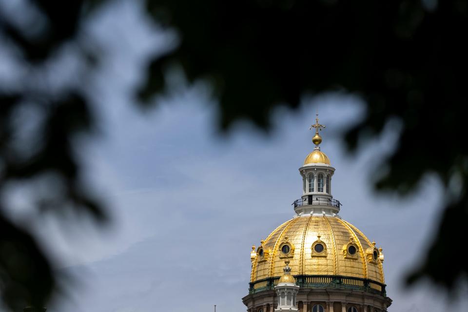 Sunlight shines on the gold dome of the Iowa State Capitol on Wednesday, May 19, 2021, in Des Moines. 