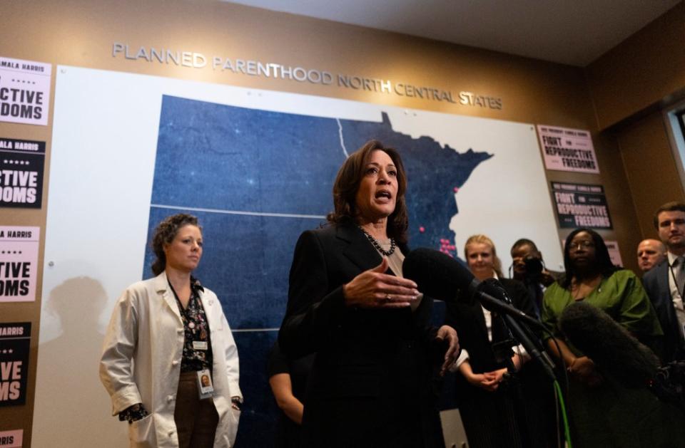 Vice President Kamala Harris speaks during her visit to a Planned Parenthood clinic in Minnesota, on Thursday. Harris toured the clinic, which provides abortion and other services, to highlight a key election issue. (Photo by Stephen Maturen/AFP via Getty Images)