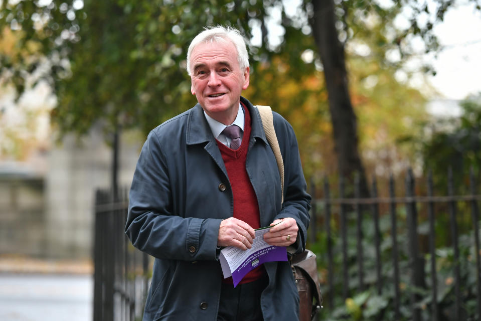 Shadow Chancellor John McDonnell arrives for a Labour clause V meeting on the manifesto at Savoy Place in London.