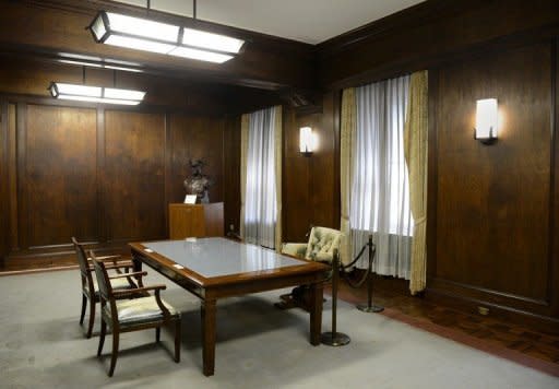 The Tokyo office used by US General Douglas MacArthur, commander of the Allied forces in Japan. The wood-panelled room, with its large windows and translucent curtains, offers a glimpse into history and MacArthur's driven work style: the desk has no drawers so he could not let papers pile up