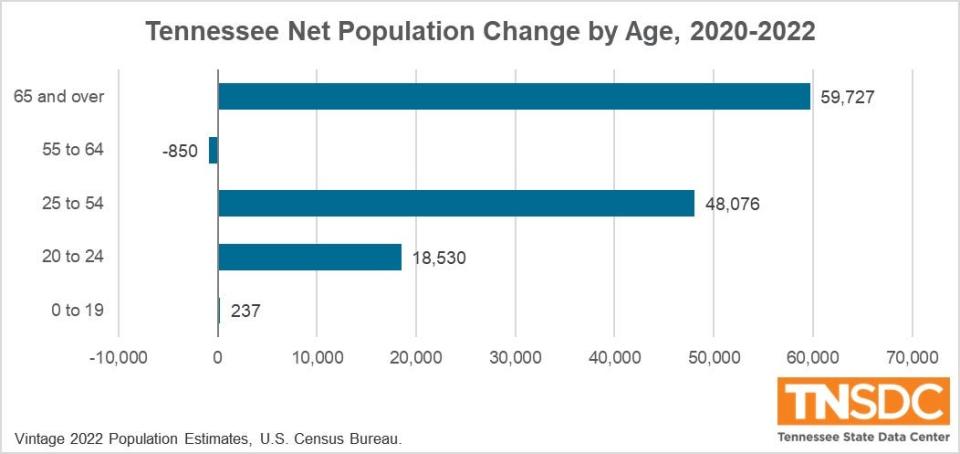 Tennessee population change by age, 2020-2022