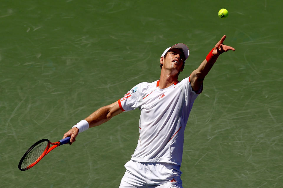 Andy Murray of Great Britain serves to Alejandro Falla of Colombia during day five of the Sony Ericsson Open at the Crandon Park Tennis Center on March 23, in Key Biscayne, Florida. Murray eased into the third round by dispatching Falla 6-2, 6-3 (AFP Photo/Matthew Stockman)