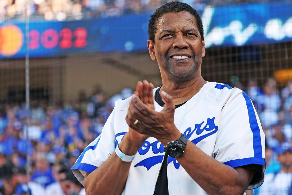 LOS ANGELES, CA - JULY 19: Denzel Washington leads a tribute to Jackie Robinson prior to the 92nd MLB All-Star Game presented by Mastercard at Dodger Stadium on Tuesday, July 19, 2022 in Los Angeles, California. (Photo by Mary DeCicco/MLB Photos via Getty Images)